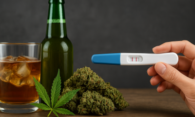 A photograph showing a glass of alcohol and a beer bottle on the left, cannabis buds and a leaf in the center, and a hand holding a positive pregnancy test on the right, all arranged on a wooden surface with a dark background.