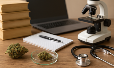 A high-resolution photograph of a cannabis research workspace on a wooden table, featuring a dried cannabis bud, a smaller bud in a glass petri dish, a stethoscope, stacked books, a notebook with a pen, a laptop, and a microscope, all set against a softly lit, neutral background.