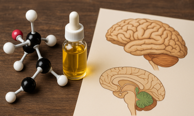 A photorealistic widescreen image showing a dropper bottle of golden CBD oil, a molecular model, and anatomical brain illustrations on a wooden surface, symbolizing CBD’s connection to neuroscience and alcohol dependence research.