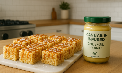 Photorealistic image of cannabis-infused Rice Krispie squares drizzled with caramel and sprinkled with flaky sea salt, arranged on a white cutting board in a clean, stylish home kitchen with warm natural lighting and a jar of infused ghee visible in the background.