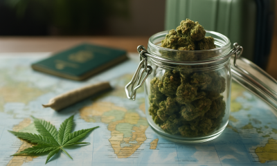 Glass jar of cannabis buds, a green leaf, rolled joint, passport, and suitcase on a world map representing cannabis tourism.