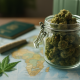 Glass jar of cannabis buds, a green leaf, rolled joint, passport, and suitcase on a world map representing cannabis tourism.