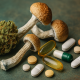 Close-up image showing dried cannabis buds, psilocybin mushrooms, and assorted pharmaceutical pills on a textured green surface.