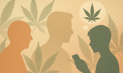 A widescreen illustration showing three overlapping human silhouettes at different life stages—an elderly figure in warm orange on the left, a middle-aged adult in beige at center, and a teenager in muted green on the right holding a smartphone with a thought bubble containing a cannabis leaf—set against a gradient background of soft earth tones overlaid with large, textured cannabis leaves.