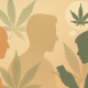 A widescreen illustration showing three overlapping human silhouettes at different life stages—an elderly figure in warm orange on the left, a middle-aged adult in beige at center, and a teenager in muted green on the right holding a smartphone with a thought bubble containing a cannabis leaf—set against a gradient background of soft earth tones overlaid with large, textured cannabis leaves.