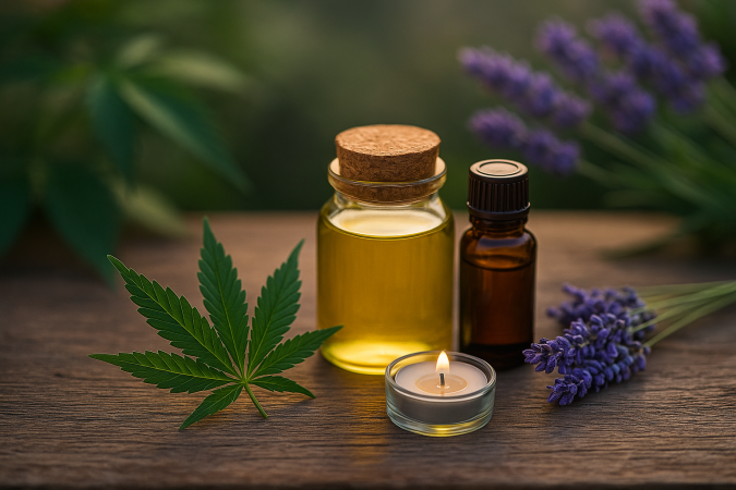 Cannabis leaf, golden cannabis oil, and lavender essential oils arranged with a tealight candle, symbolizing the sensory pairing of cannabis and aromatherapy