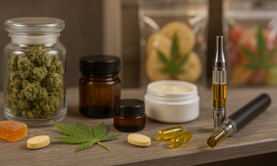 A variety of cannabis products displayed on a wooden shelf: a glass jar of buds, a cannabis leaf next to gummies and pills, amber jars, a dab container with concentrate, and a vape pen, against a softly blurred background.