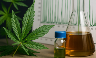 Photorealistic image of cannabis leaves beside laboratory glassware filled with amber and green liquids, with a chromatography graph in the background representing chemical analysis of cannabis compounds.