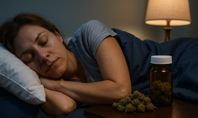 A woman sleeps peacefully in bed at night, with a bedside table holding an amber prescription bottle and dried cannabis buds under the soft glow of a lamp.