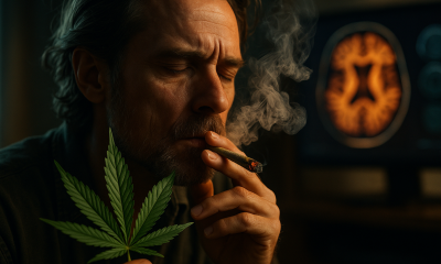 A middle-aged man with closed eyes smokes a cannabis joint while holding a cannabis leaf, with wisps of smoke rising around him and a glowing brain scan displayed in the background.