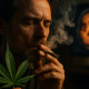 A middle-aged man with closed eyes smokes a cannabis joint while holding a cannabis leaf, with wisps of smoke rising around him and a glowing brain scan displayed in the background.