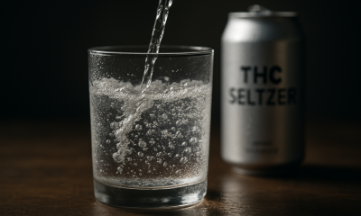 Close-up of a chilled THC seltzer poured into a glass with condensation