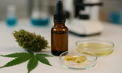 Photorealistic laboratory scene showing cannabis leaves and buds alongside a dropper bottle, capsules, and petri dishes, symbolizing research into cannabis-derived cancer treatments.