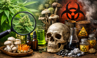 Photorealistic widescreen image contrasting clean cannabis flowers and medicinal mushrooms with lab glassware on one side, and hazardous elements like moldy fungi, toxic barrels, heavy metals, and warning symbols on the other, illustrating the divide between beneficial cannabis science and contamination risks.
