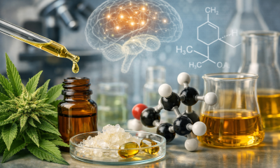 Photorealistic scene showing a glass dropper releasing golden CBD oil into an amber bottle beside a hemp plant, with laboratory glassware, CBD isolate crystals, and a molecular model in soft focus, symbolizing the scientific and botanical foundations of cannabidiol.