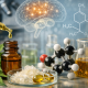 Photorealistic scene showing a glass dropper releasing golden CBD oil into an amber bottle beside a hemp plant, with laboratory glassware, CBD isolate crystals, and a molecular model in soft focus, symbolizing the scientific and botanical foundations of cannabidiol.