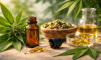 Photorealistic still life of an amber CBD dropper bottle and pipette with golden oil beside hemp leaves and buds, softgel capsules in a glass dish, and a small beaker of oil on a neutral surface in warm natural light.