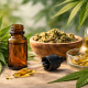 Photorealistic still life of an amber CBD dropper bottle and pipette with golden oil beside hemp leaves and buds, softgel capsules in a glass dish, and a small beaker of oil on a neutral surface in warm natural light.