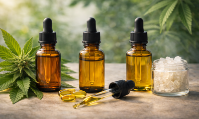 Photorealistic still life showing three CBD formulations—full-spectrum, broad-spectrum, and isolate—with amber dropper bottles of golden oil, hemp leaves and buds, softgel capsules, and a glass jar of white CBD isolate crystals on a neutral surface in soft natural light.