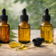 Photorealistic still life showing three CBD formulations—full-spectrum, broad-spectrum, and isolate—with amber dropper bottles of golden oil, hemp leaves and buds, softgel capsules, and a glass jar of white CBD isolate crystals on a neutral surface in soft natural light.