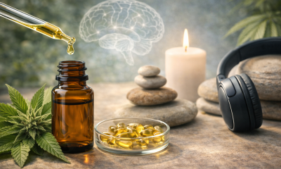 Photorealistic still life of an amber CBD oil bottle and softgel capsules with hemp leaves, arranged beside smooth stacked stones, a lit candle, and headphones, with a subtle brain illustration in the background to evoke calm, focus, and emotional balance supported by cannabidiol.