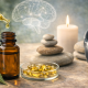 Photorealistic still life of an amber CBD oil bottle and softgel capsules with hemp leaves, arranged beside smooth stacked stones, a lit candle, and headphones, with a subtle brain illustration in the background to evoke calm, focus, and emotional balance supported by cannabidiol.