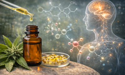 Photorealistic science-themed image of an amber CBD oil bottle with a glass dropper and softgel capsules beside hemp leaves, set against a translucent human figure with softly glowing neural pathways and abstract molecular forms, illustrating cannabidiol’s interaction with the body’s biological systems.