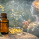 Photorealistic science-themed image of an amber CBD oil bottle with a glass dropper and softgel capsules beside hemp leaves, set against a translucent human figure with softly glowing neural pathways and abstract molecular forms, illustrating cannabidiol’s interaction with the body’s biological systems.