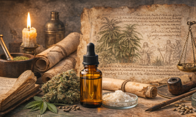 Photorealistic historical still life featuring dried cannabis flowers, an amber glass bottle of oil, and white resin crystals arranged among ancient manuscripts, botanical illustrations, balance scales, and ritual tools, symbolizing the long cultural and medicinal history of cannabis from antiquity to modern science.