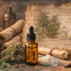 Photorealistic historical still life featuring dried cannabis flowers, an amber glass bottle of oil, and white resin crystals arranged among ancient manuscripts, botanical illustrations, balance scales, and ritual tools, symbolizing the long cultural and medicinal history of cannabis from antiquity to modern science.
