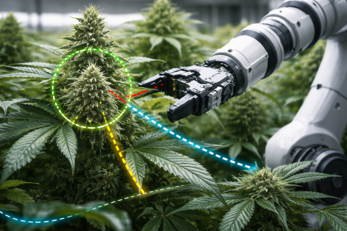 A robotic harvesting system evaluates plant structure and approach angles before cutting, improving precision and reducing damage to cannabis flowers.
