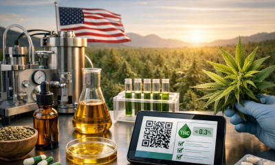 Photorealistic scene of U.S. hemp-derived CBD production showing a cannabis plant, laboratory testing equipment, tincture bottles, capsules, and extraction machinery on a stainless steel table overlooking a large American hemp farm at sunset.