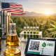 Photorealistic scene of U.S. hemp-derived CBD production showing a cannabis plant, laboratory testing equipment, tincture bottles, capsules, and extraction machinery on a stainless steel table overlooking a large American hemp farm at sunset.
