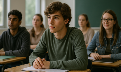 Diverse group of high school students attentively listening in a bright classroom, symbolizing balanced cannabis education and youth mental-health awareness.