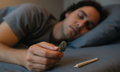 A young adult sleeps peacefully in a softly lit bedroom, lying on their side with a calm expression. A small cannabis bud and a rolled joint rest safely on the bed nearby, illuminated by the warm bedside light, symbolizing cannabis use for sleep.