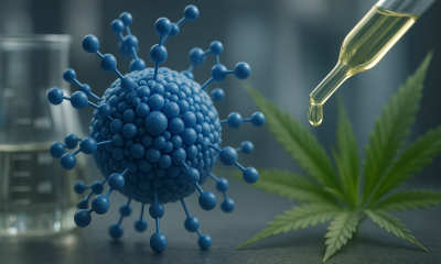 Photorealistic laboratory scene featuring a nano-micelle CBD particle beside a dropper of cannabinoid oil and a cannabis leaf, symbolizing targeted nano-CBD delivery.