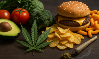 A photorealistic widescreen image showing a cannabis leaf placed between fresh whole foods like avocado, tomatoes, spinach, and broccoli on the left, and ultra-processed foods like chips, cheeseburger, and cheese curls on the right, symbolizing the contrast between healthy nutrition and processed diets in relation to cannabis use.