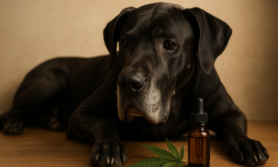 An aging black Great Dane with natural, floppy ears rests on a wooden surface next to an amber CBD tincture bottle and a green hemp leaf, photographed in soft warm lighting.