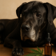An aging black Great Dane with natural, floppy ears rests on a wooden surface next to an amber CBD tincture bottle and a green hemp leaf, photographed in soft warm lighting.
