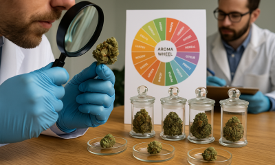 A cannabis scientist wearing blue gloves closely examines a cannabis flower with a magnifying glass in a lab setting. Glass jars containing buds and petri dishes are arranged on a wooden table, and an aroma wheel chart sits behind them, illustrating terpene and scent profiles as another researcher takes notes in the background.