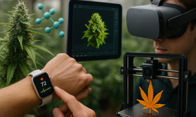 Photorealistic image of advanced cannabis technology showing a smartwatch tracking biometrics, a VR headset user viewing a 3D cannabis model, and a 3D printer creating a cannabis leaf inside a greenhouse.