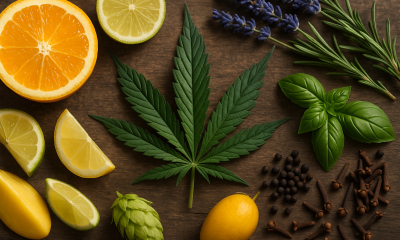 A photorealistic widescreen image of a cannabis leaf surrounded by natural terpene sources — sliced oranges, lemons, basil, lavender, rosemary, hops, cloves, and black pepper — on a rustic wooden surface, symbolizing the diverse aromas and health benefits of cannabis terpenes.