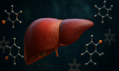 Photorealistic medical visualization of a human liver surrounded by 3D cannabinoid molecular structures, symbolizing liver protection and healing from alcohol-related damage.
