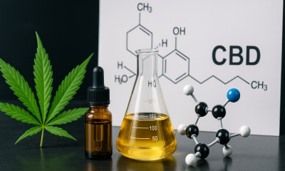 Photorealistic image of a cannabis research lab setup with a CBD oil dropper, beaker of golden liquid, molecular model, and chemical formula in the background.