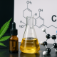 Photorealistic image of a cannabis research lab setup with a CBD oil dropper, beaker of golden liquid, molecular model, and chemical formula in the background.
