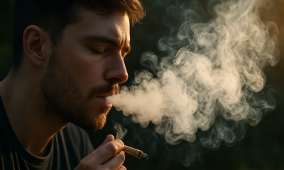 Close-up of a young man exhaling cannabis smoke in warm sunlight, with swirling vapor patterns illustrating airflow and lung impact.