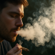 Close-up of a young man exhaling cannabis smoke in warm sunlight, with swirling vapor patterns illustrating airflow and lung impact.