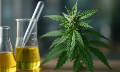 Photorealistic image of a cannabis plant beside glass laboratory flasks containing golden liquid, representing cannabinoid discovery and scientific research.