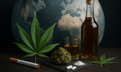 Photorealistic widescreen image showing a cannabis leaf, cannabis bud, cigarette, pills, alcohol bottle, and glass placed in front of a world map, symbolizing the global ripple effects of medical cannabis legalization on substance use.