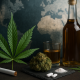 Photorealistic widescreen image showing a cannabis leaf, cannabis bud, cigarette, pills, alcohol bottle, and glass placed in front of a world map, symbolizing the global ripple effects of medical cannabis legalization on substance use.
